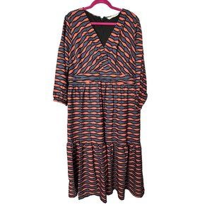 eShakti Graphic Print Crepe Empire Dress Womens 2X 20W Black Orange V Neck